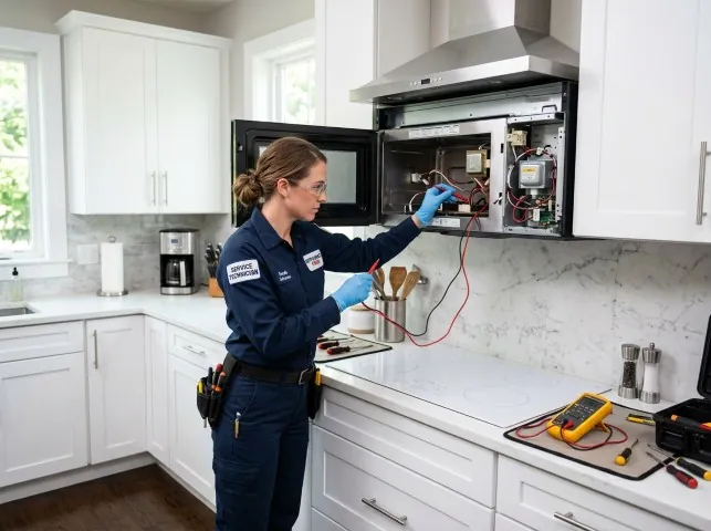Appliance Repair Hero technician testing an over-the-range microwave in a Blanchard, MI kitchen